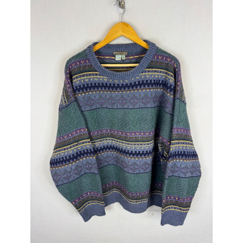 Royal Robbins Mens XL Cotton Wool Fair Isle Geometric Crewneck Sweater Blue